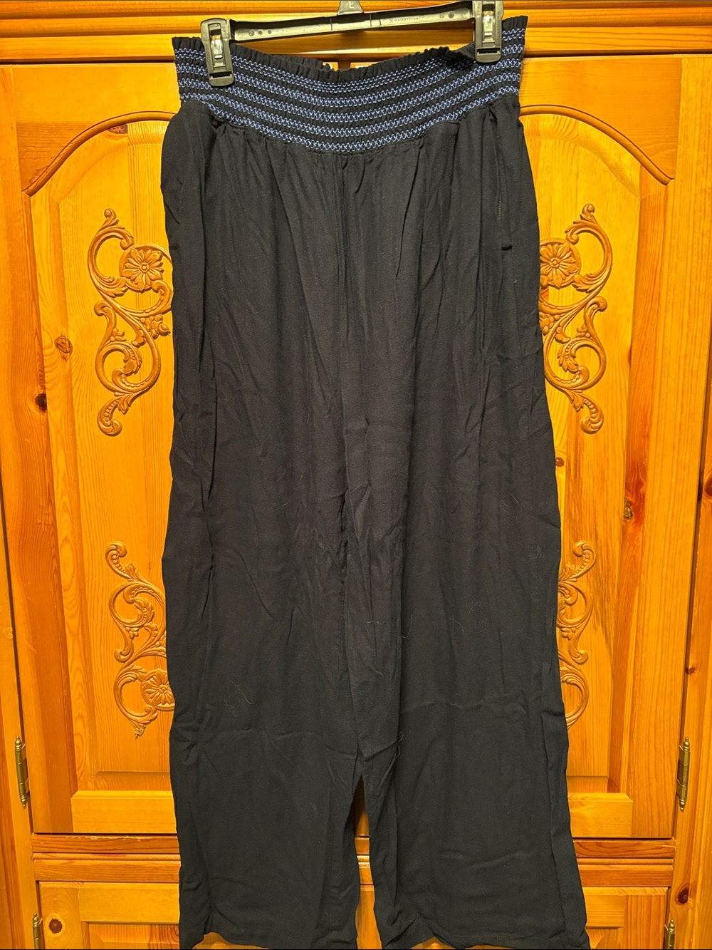 Navy womens linen pants with smocked waist